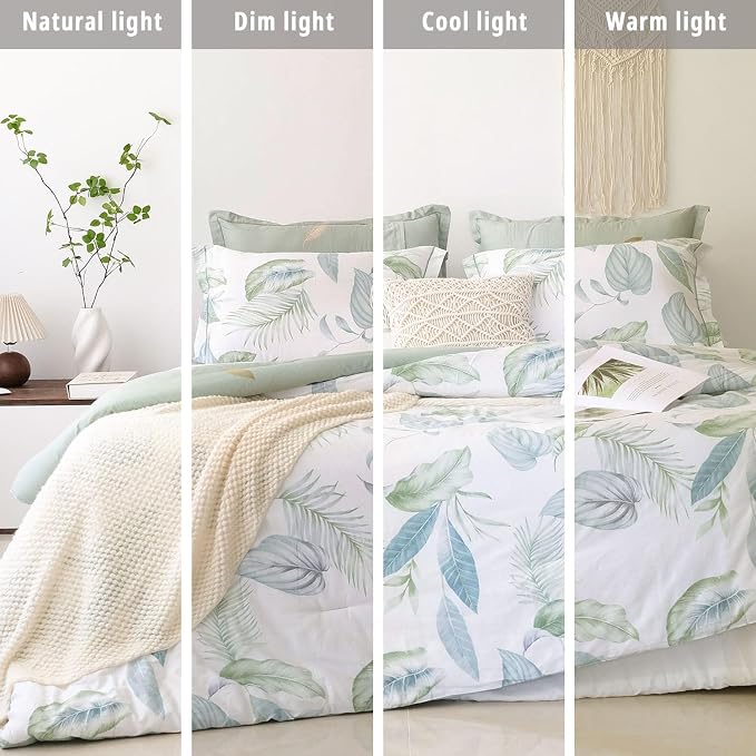 LEMIROE Botanical Cotton Comforter King Size - Sage Green Comforter Printed with Leaves & Ferns on White,Reversible Light-Weight Bedding Sets 3Pcs(Leaves,104"×90")