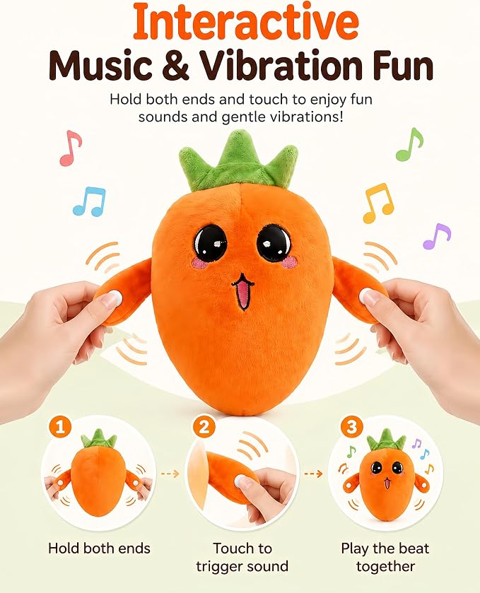 Soft Plush Musical Sensory Toy, Interactive Plush Toy with Sounds, Skin Touch Activated Sound Doll, Dual Mode Educational Toy, Fruit Style Gift for Baby Kids Boys Girls All Ages(Orange Carrots)
