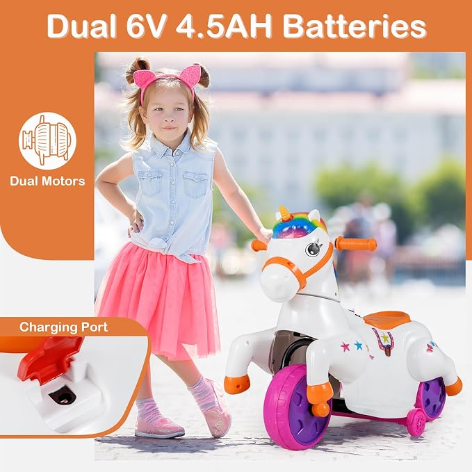 Costzon Ride on Car, 12V Ride on Toys for Toddlers Pony with Training Wheels, up & Down Mode, Music & LED Power Display, Motorized Play Horse, Kids Car Motorcycle for Boys Girls (Rainbow)