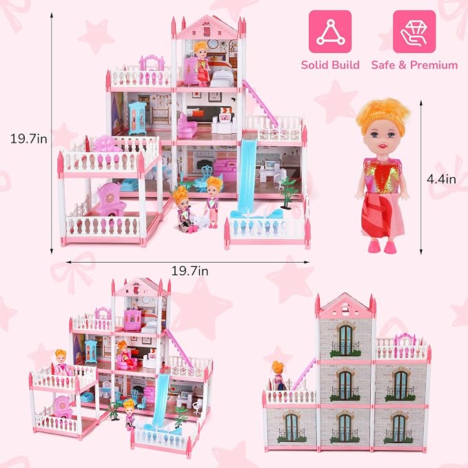 Pink Dollhouse Playset with Lights for Girls 6-12,Dream House with Garden, 3 Dolls 9 Rooms,Pet Dog and Furnitures,Indoor Playset Toys,Great Birthday Gift for Girls.