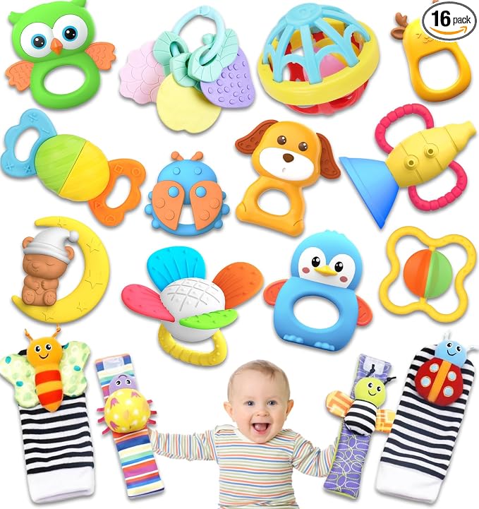 AZEN 16 Pack Baby Rattles Teething Toys 3-6 Months, Baby Toys 0-6 Months, Newborn Infant Toys 6-12 Months, Essentials Must Haves Wrist Socks Toddler Stocking Stuffers Christmas Gifts