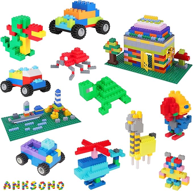 1000 Pieces Building Bricks, Classic Building Bulk Blocks for Kids with 12pcs Wheels Accessories, Windows, Doors, 2 Packs Studs Sticky Plate, Compatible with All Major Brands, Gfits for Kids