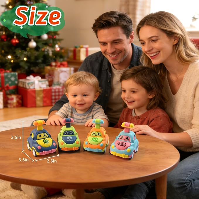 soi-meme 4 Pack Press and Go Car Toys for Toddlers 1-3 Year Old Boys, Easy Push Down Action, Certified CPSC- Learning Cause Effect Toddler Toy, Gifts for 1+ Year Old Baby Boy Girl