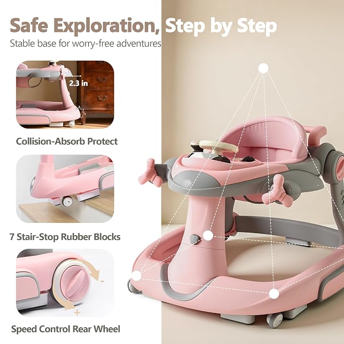 Kinder King 8-in-1 Baby Walker with Music & Lights, 3 Level Adjustable Height, Foldable Toddler Walker with Speed Adjustable Wheels, Easy to Clean, Baby Walkers for Boys & Girls 6-18 Months