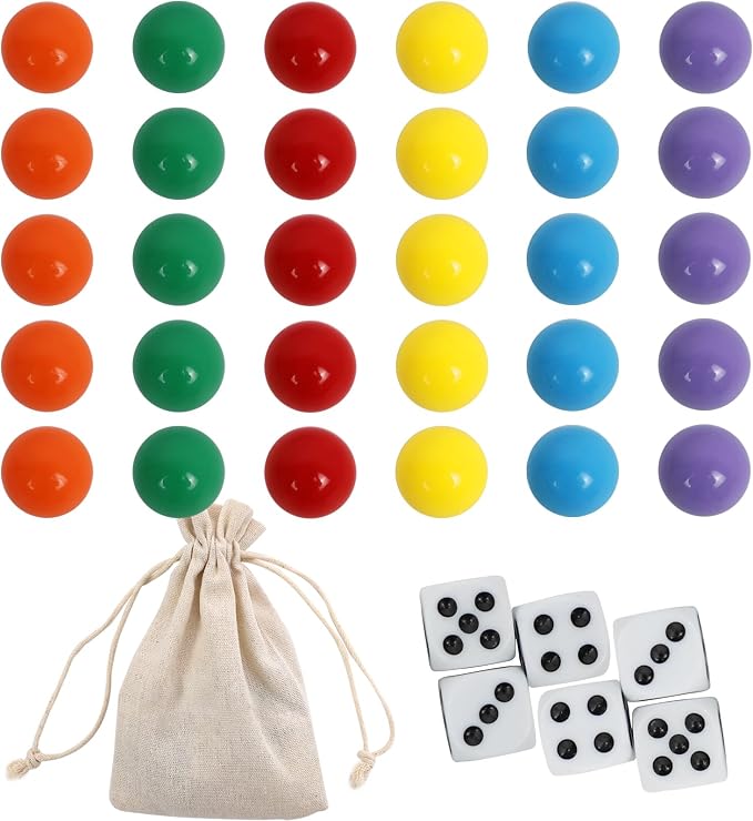 0.71Inch 30 Wahoo Marbles & 6 Dice Set, 5 of Each 6 Colors, 18mm Replacement Marbles for Wahoo Board Games with Storage Bag