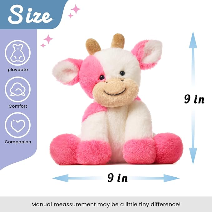 Hopearl Adorable Plush Cow Toy Floppy Dairy Cattle Soft Kawaii Stuffed Animal Cute Birthday Holiday Gift for Boys Girls Kids Toddlers, Strawberry Pink, 9''