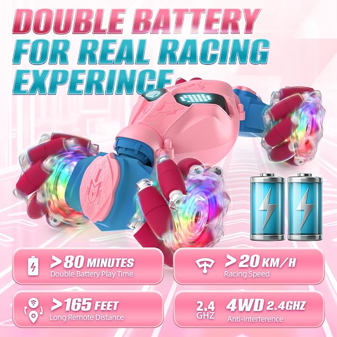Uucoco Pink Rc Gesture Sensing Stunt Car Toys for Girls 3-12 Years Old, Drift Hand Control Remote Control Cars with Light & Music, 2.4Ghz 4WD 360°Rotation Double Side Cars Birthday Gifts for Kid