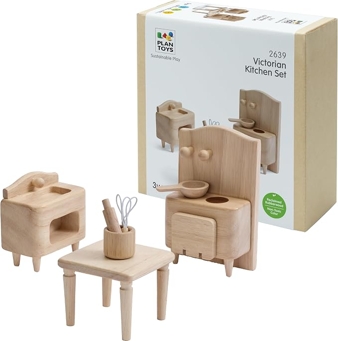 PlanToys® Wooden Victorian Kitchen Set | Montessori Dollhouse Kitchen Setup for Food Preparation, Social Skills & Imaginative Storytelling | Eco Friendly Wooden Dollhouse Kitchen Furniture