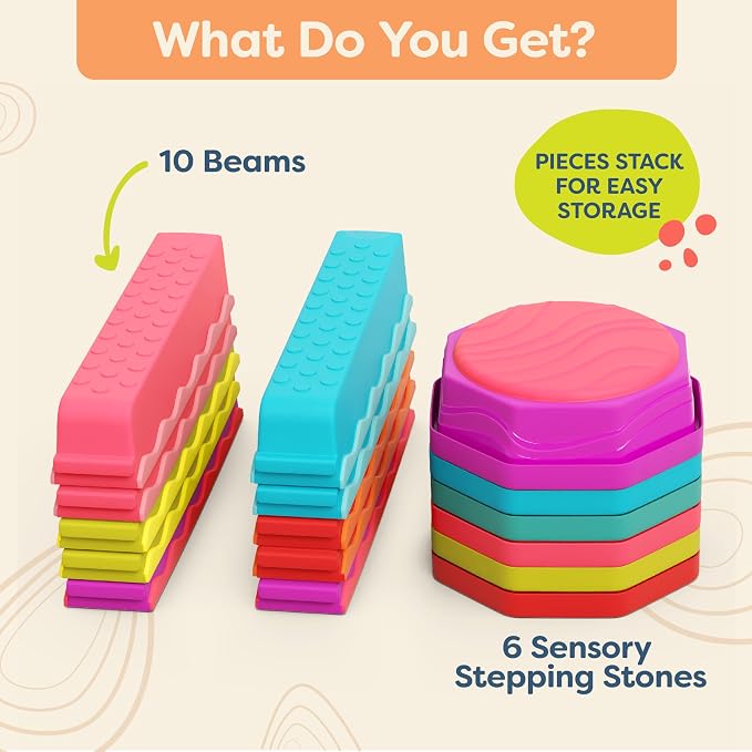 B. toys – Balance Beam for Kids – Interlocking Balancing Beams – 6 Sensory Pads & 10 Beams – Active Play for Toddlers, Kids – 3+ Years – Balance & Build Set - Rainbow Color