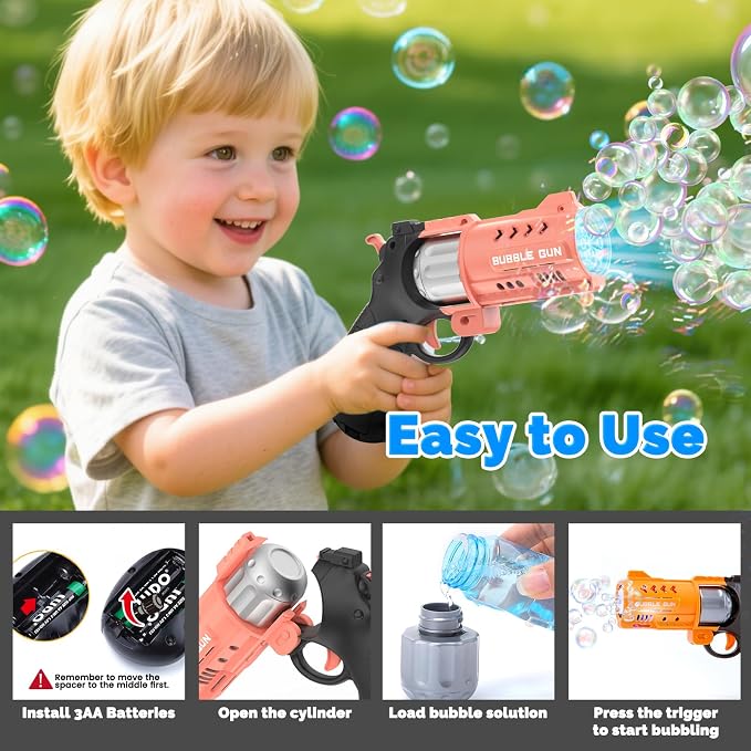 EagleStone 2 Pack Revolver Bubble Guns for Kids, Swing-Out Cylinder, 8000+ Bubbles/Min, LED Light Up, 4 Bubble Solution Bottles, Outdoor Indoor Toy, Birthday Easter Gifts for Toddlers