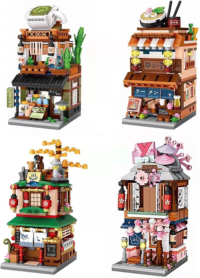 ELAICREE Japanese Street View Shop Building Blocks House Toy, 4 Models Mini DIY Building Blocks Model MOC Construction Toy, Gift for 6-12 Years Old Kid Girls and Boys