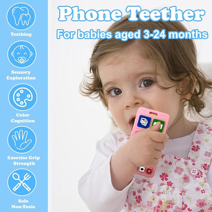 Baby Silicone Teething Toys, Phone Teether Toys for Toddlers 3-18 Months, Boys Girls Babies Teething Toy, Baby Chew Toy, Freezer BPA Free, Pink