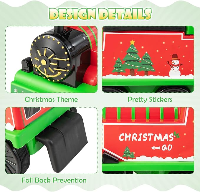 OLAKIDS Kids Ride On Train with Track, 6V Electric Toy with Lights and Sounds, Retractable Footrest, Under Seat Storage, Christmas Theme Battery Powered for Toddlers Boys Girls (1 Seater, Christmas)