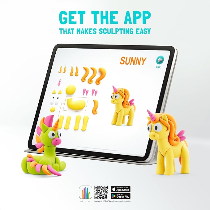 HEY CLAY Modelling Air-Dry Clay with Fun Interactive App - Modeling Clay and Crafts Set for Kids Ages 3 to 8 - Series Rainbow Unicorns, 3 cans (Brighty)