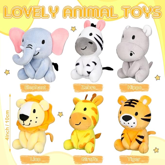 Aoriher 6 Pcs Small Stuffed Animals, 4 Inch Mini Stuffed Woodland Safari Animals Including Lion, Giraffe, Elephant, Tiger, Hippo for Baby Shower, Birthday Party Decorations and Student Rewards(Lovely)