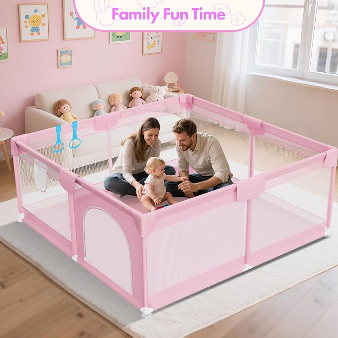 Pink Baby Playpen for Girls - 64"x64" Large Playard with Anti-Collision Soft Corners Sturdy Safety Play Yard for Babies and Toddlers Indoor Infant Activity Center with Non-Slip Suckers
