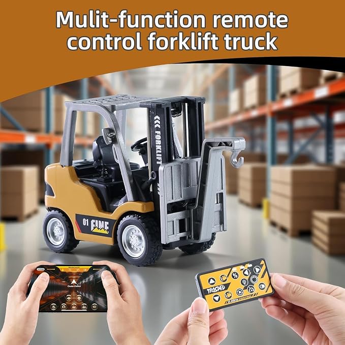GRANTLEY Remote Control RC Forklift Cranes,1/64 Mini Rechargeable Forklift Truck,2 in 1 Transform Lift Fork & Hook, w/Boxes/Sound and Light, Forklift Toy RC Construction Vehicles Toy Gift for Kids