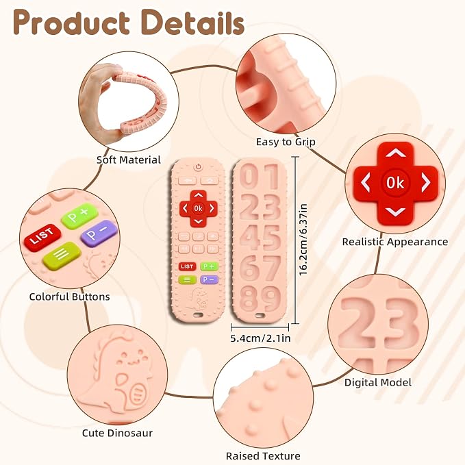 Teething Relief Teethers Toys for Babies 3-6 12 Months Gifts, Food Grade Silicone Sensory Remote Control Baby Teether Bath Toys for 3 9 18 Months Newborn Infant Boy Girl Autism, Pink