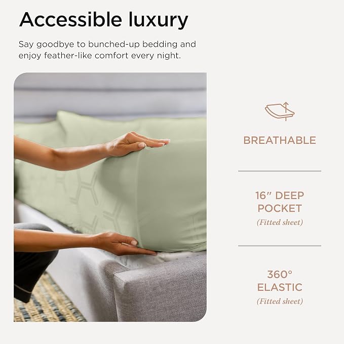 Threadmill 100% Cotton Sheets for Queen Size Bed - 600 Thread Count Queen Bed Sheets Set with 16” Deep Pocket - Jacquard Sateen Weave 4-Piece Bedding Set with Cooling Effect, Sage Green