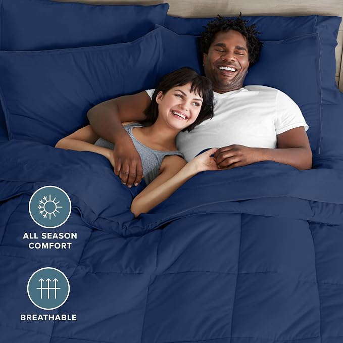 Bare Home Bed-in-A-Bag 7 Piece Comforter & Sheet Set - Full XL - Goose Down Alternative - Ultra-Soft 1800 Premium Bed Set (Full XL, Dark Blue/Dark Blue)