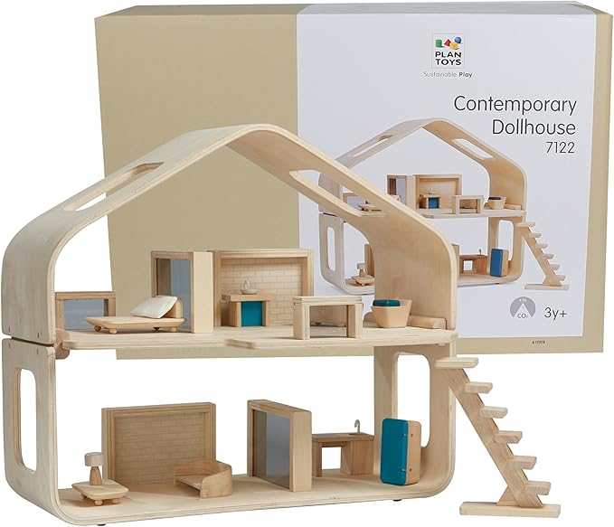 PlanToys® Contemporary Wooden Dollhouse | 2-Story Modular Doll House with Adjustable Walls, Furniture Set & Open Layout | Pretend Play Dollhouse Compatible with 1:12 Scale Accessories