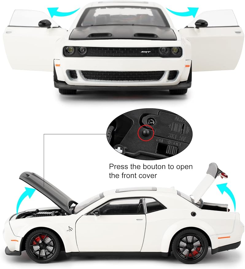 Compatible for 1/24 Dodge Challenger SRT Hellcat Car Model, Collectible Die-Cast Model Car with Lights and Sounds,Pull Back Car Toy for Adults Kids Birthday Gifts Decoration (White)