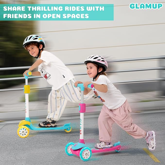 GLAMUP Kids Scooter, 3 Wheel Scooter for Kids Ages 3-12, Adjustable Handlebar, Lean-to-Steer, Foldable Kick Scooter for Boys and Girls
