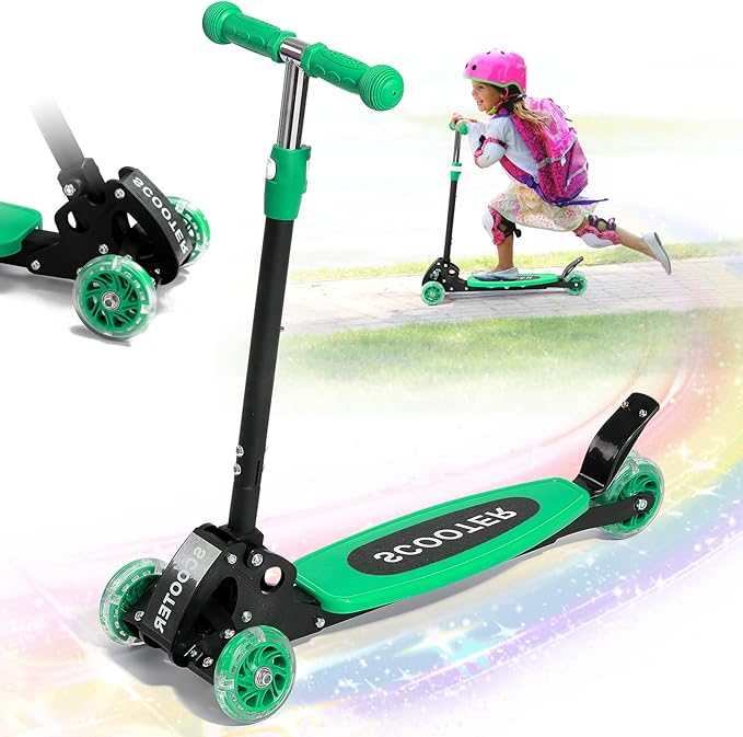 3 Wheel Kids Kick Scooter for Ages 3-12, Lean-to-Steer, Light-Up Wheels, 3-Level Adjustable Handlebar 27.5”-33”, Wide Non-Slip Deck, Dual Rear Brake,Travel Foldable, for Boys & Girls Toy Gifts