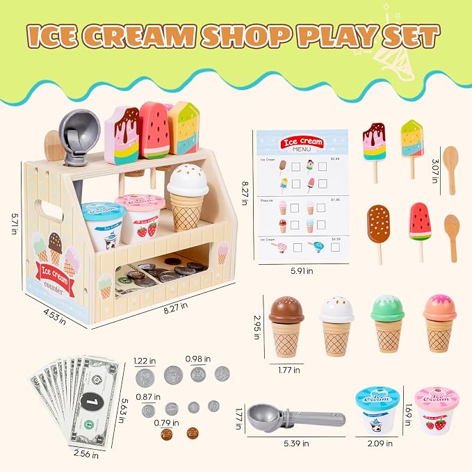 BROWNROOT Wooden Ice Cream Shop Toy with Menu and Play Money for Kids | Features cones, popsicles and cups made from wood, encouraging pretend play and creativity for ages 3+