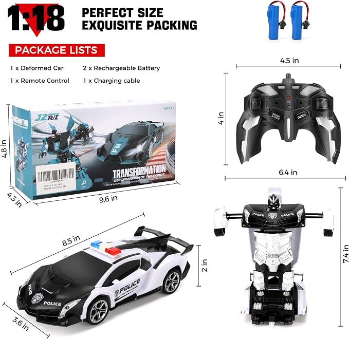 Blackma Remote Control Car -Transform, One-Button Deformation & 360°Rotating Drifting, Transform Robot RC Car with LED Light, Toy Gifts for 4 5 6 7 8 9 10 11 12 Years Old Boy (White)