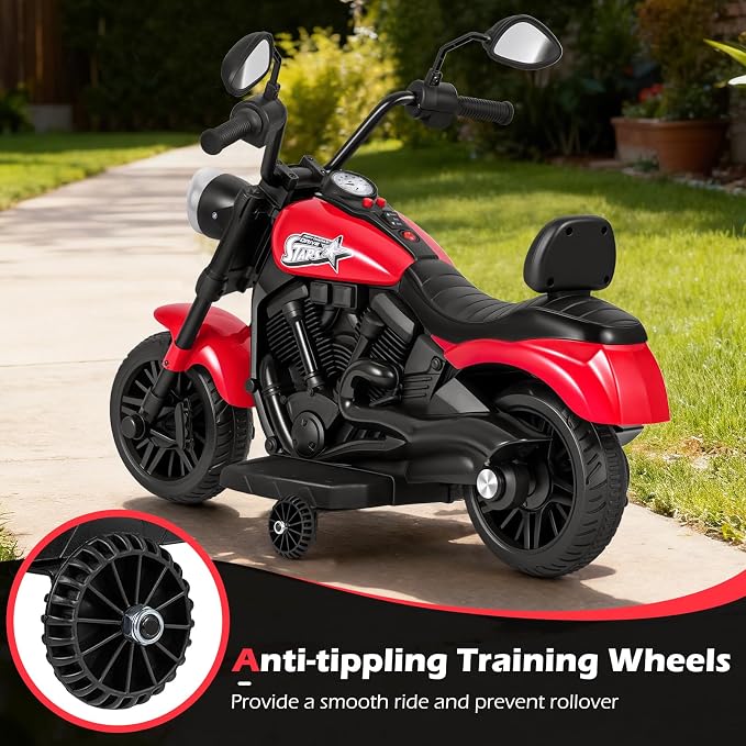 Costzon Kids Motorcycle, 6V Chopper Motorbike Ride on Toy with Headlight, Music, Training Wheels, Electric Toddler Motorcycle for Kids Boys Girls, Gift (Red, 31" x 23" x 22"(L x W x H))