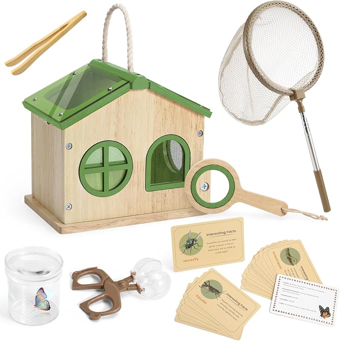 SainSmart Jr. Bug Catcher for Kids - Wooden Bug Habitat with Magnified Viewer, Butterfly Net, Observation Box, Tweezers & 15 Cards, Outdoor Toys & STEM Toys for Boys & Girls Ages 3+, Green