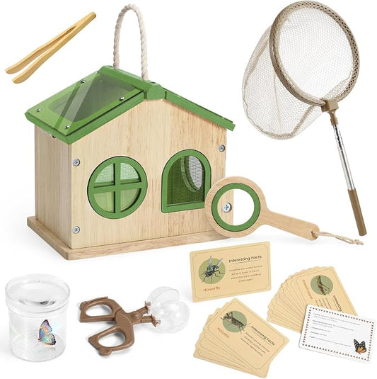 SainSmart Jr. Bug Catcher for Kids - Wooden Bug Habitat with Magnified Viewer, Butterfly Net, Observation Box, Tweezers & 15 Cards, Outdoor Toys & STEM Toys for Boys & Girls Ages 3+, Green