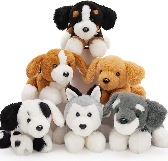 Tezituor 6 Pack Dog Stuffed Animals, 11 Inch Fluffy Puppy Plush Toys Bulk, Assorted Stuffed Dogs for Kids, Lying Dog Plush Set for Birthday Party Favors, Dog Themed Gifts