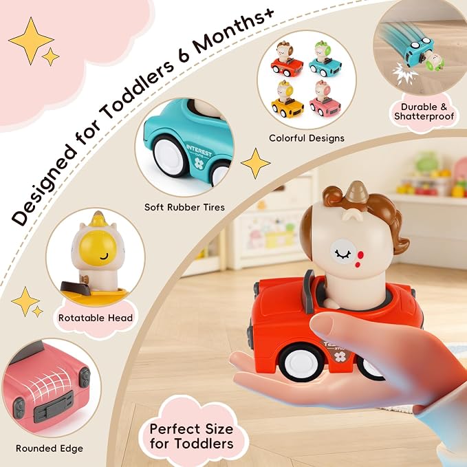 Press and Go Car Toy for Toddler 1-3,Friction Powered Animal Push Car,No Batteries Needed,BPA-Free, Easy to Clean,Indoor Outdoor Toy for 6-9-12-18 Month,Birthday Gift for 1-2 Year Old Boy Girl