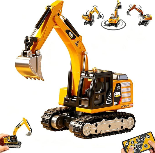 GRANTLEY 1/64 Remote Control RC Excavator Toy,Metal Rechargeable Mini Excavator Toy,RC Construction Vehicles with Lights & Sounds,STEM Birthday Gift for Boys and Girls Ages 4-12