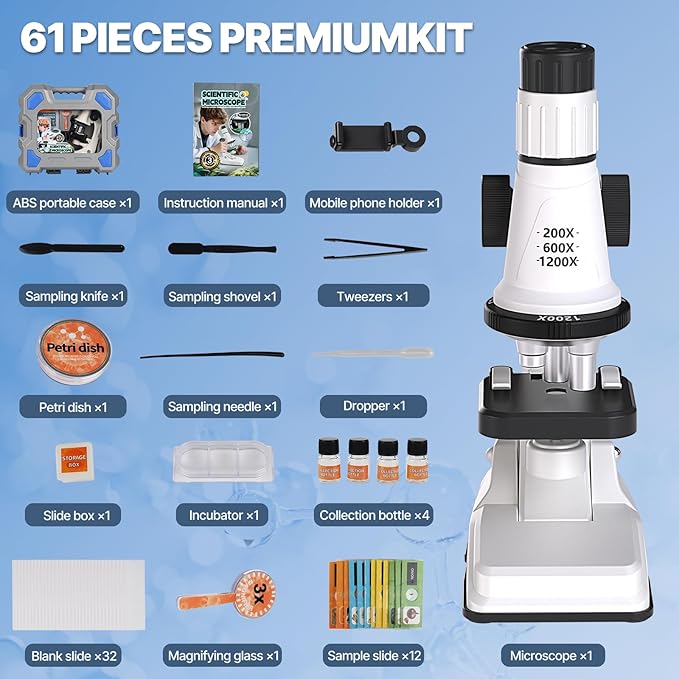 61 Piece Kids Microscope Kit - 100X-1200X with LED Light, Science Kit with Blank and Prepared Slides, Phone Holder, Carrying Box, STEM Project Toy, Educational Gift for Children Ages 6-12