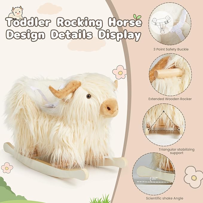 Baby Rocking Horse,Highlander Cattle Rocking Toy for 1+ Year Old Boys and Girls Rocking Horse for Kids Room Nursery Birthday Party Shower Gift Wood Animal Rocker French Design 3-Side Seat PP Cotton