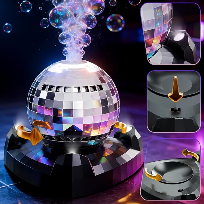 Bubble Machine, Automatic Bubble Blower Maker with 360° Rotating Turntable and LED Lights, Disco Ball Bubble Machine Summer Kids Toys for Weddings Birthdays Party Indoor Outdoor Backyard Camping