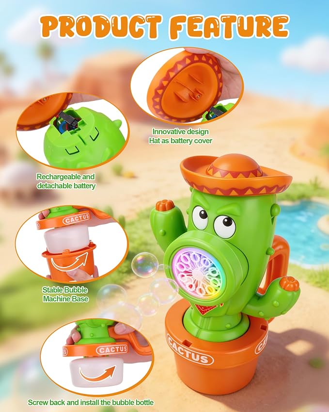 Vodolo Cactus Bubble Machine for Kid, Handheld Automatic Bubble Blower with Lights and Music， Swing Dance Bubble Maker Blower Blaster Outdoor Toys