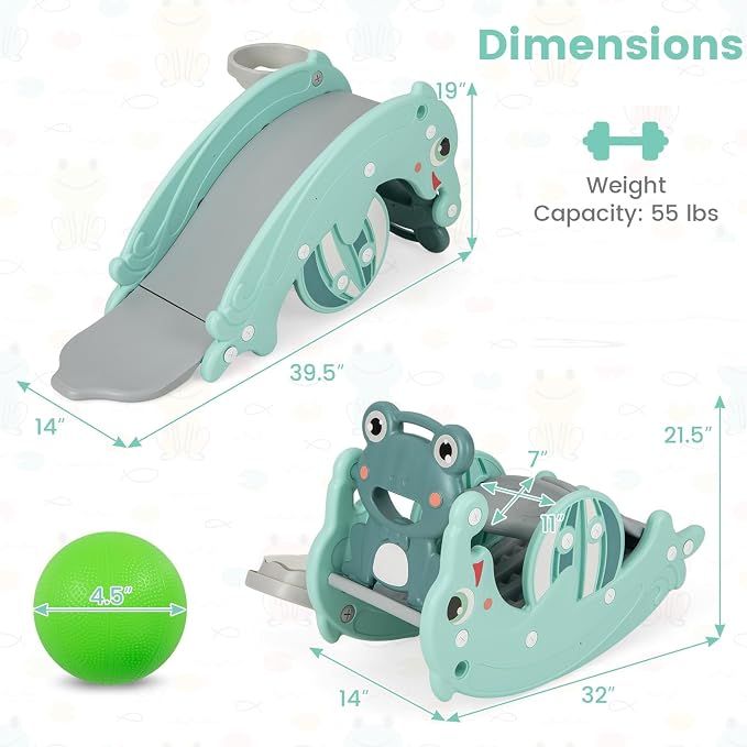 Costzon 4 in 1 Toddler Slide Rocking Toy, Slide for Kids with Basketball Hoop, Rocking Horse, Climber Playground for Both Indoors Outdoor Use (Green Frog)