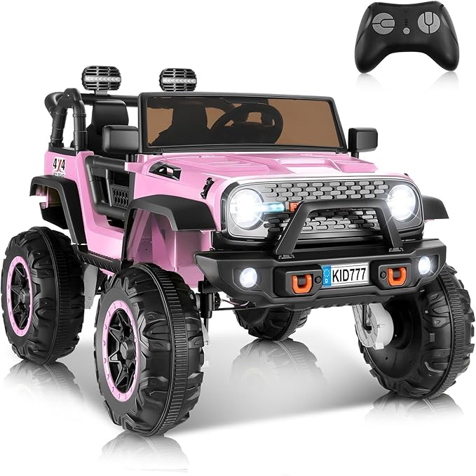Hikole 24V 4WD/2WD Electric Kids Car with 4x4 Powerful Engine, Remote Control, Spring Suspension, Music, 2 Seater Electric Kids Ride on Truck W/20 Extra Wide Seat, Colorful LED Lights, Pink