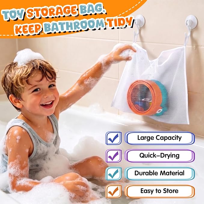 Race Car Bath Toy Set, 8-Piece Long Flexible Dual-Color Bathtub Track Set with 2 Mini Cars, Mesh Storage Bag, 4 Strong Suction Cups– DIY Bathtub Water Slide Toys for Kids