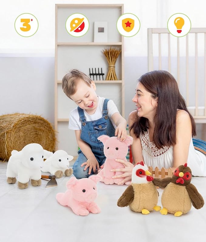Tezituor Farm Animal Stuffed Animals 6 Pack, 8 Inch Plush Toys Bulk with Chicken Pig Lamb, Soft Barnyard Animal Plushies for Kids Toddlers, Farm Theme Party Favors, Birthday Gifts, Classroom Prizes