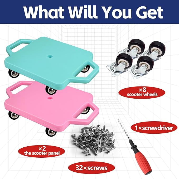 2 Pcs Sports Scooter Board with Handles Colored Floor Sitting Scooter Board with Plastic Casters for Kids Gym Indoor Outdoor Activities Play Equipment