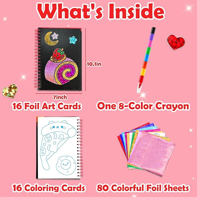 FUNNYB&G Foil Art Craft Kit for Girls 4-10 Years Old: Mess-Free & No-Glue, Create 16 Sparkly Food Pictures – Perfect Travel Toy & Birthday Gift for Kids (Food)
