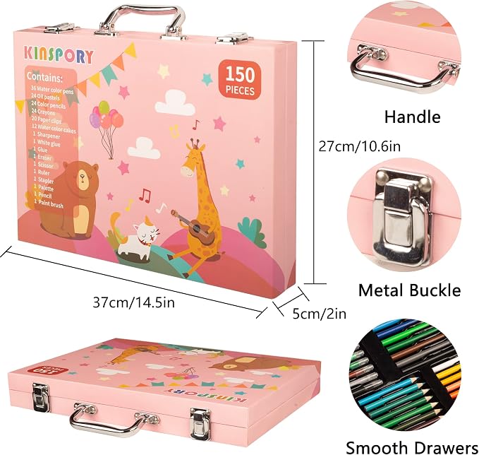 KINSPORY 150PC Art Set with Sketch Book, Coloring Art Kit Drawing Art Supplies Case, Markers Crayon Colour Pencils for Budding Artists Kids Teens Boys (Pink)