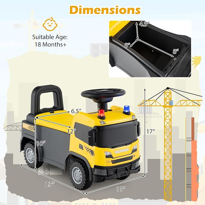 Costzon Ride On Push Car, Licensed Scania Construction Vehicle for Toddlers with Horn, Music, Lights, Under Seat Storage, Foot-to-Floor Sliding Car, Kids Ride On Toys for Boys Girls 18+ Months