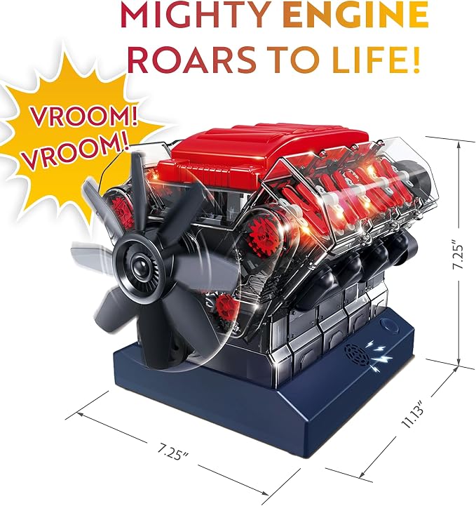 Playz V8 Combustion Engine Model Kit that Runs - Build Your Own STEM Mini V8 Model Engine Kit for Adults & Kids Age 12+, Visible V8 Mini Engine Kit that Works for Adult w/ 270 STEM Parts