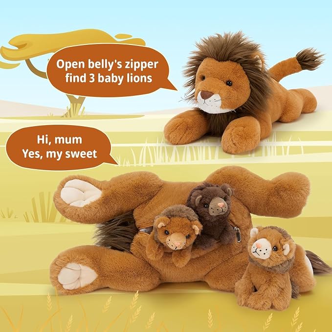 MaoGoLan 4Pcs Lion Stuffed Animal with Babies, 19.6'' Stuffed Lion Plush Toy, Cute Lion Family Set, Soft Snuggly Pillow Plushie Decor, Charming Christmas Birthday Gifts for Kids Boys Girls
